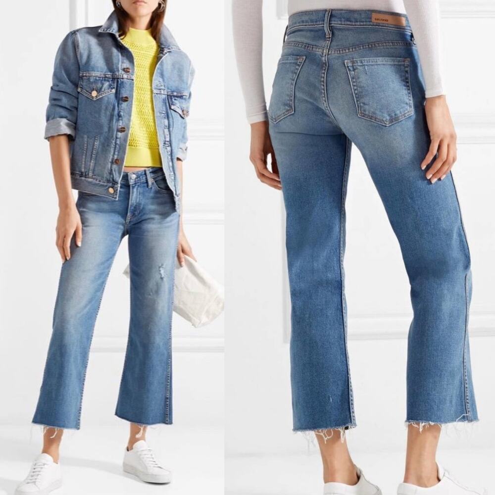 NWOT GRLFRND Joan Cropped Distressed Jeans Mid Rise Raw Hem Magnetic Dark Wash
